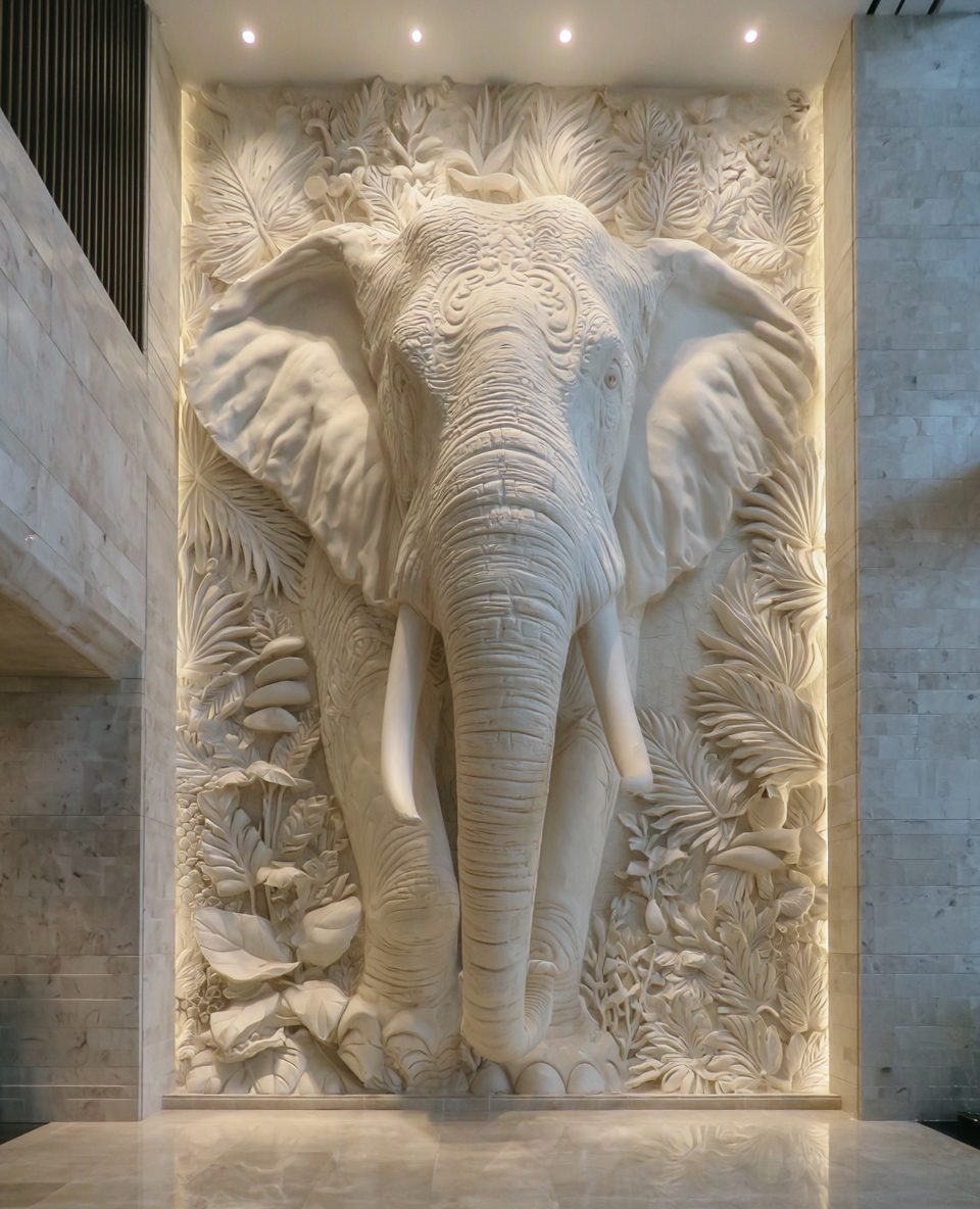 Wimacons white bas-relief elephant sculpture — large-scale foam-core wall art, hand-painted finish, luxury hotel feature