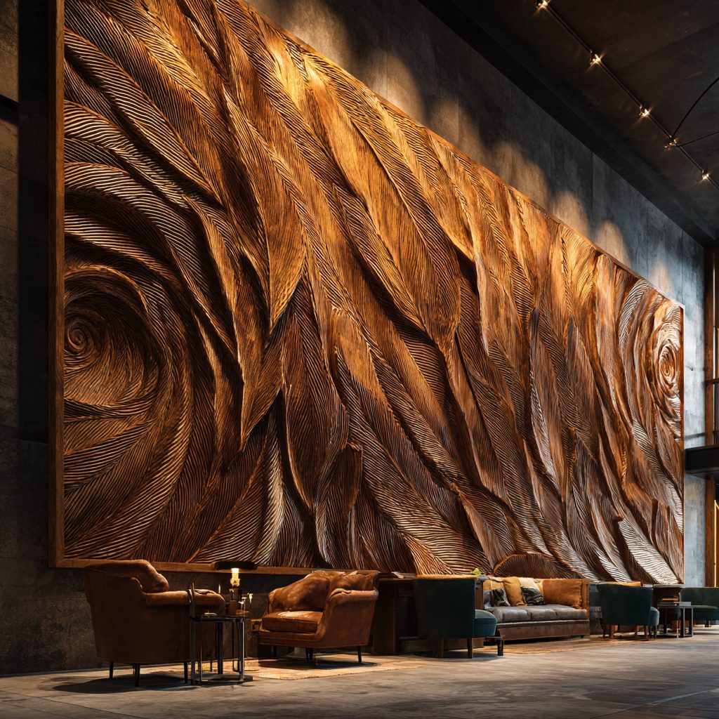 Wimacons suspended wooden art installation — 12-metre wide hanging panel, lightweight foam-core, hotel reception area
