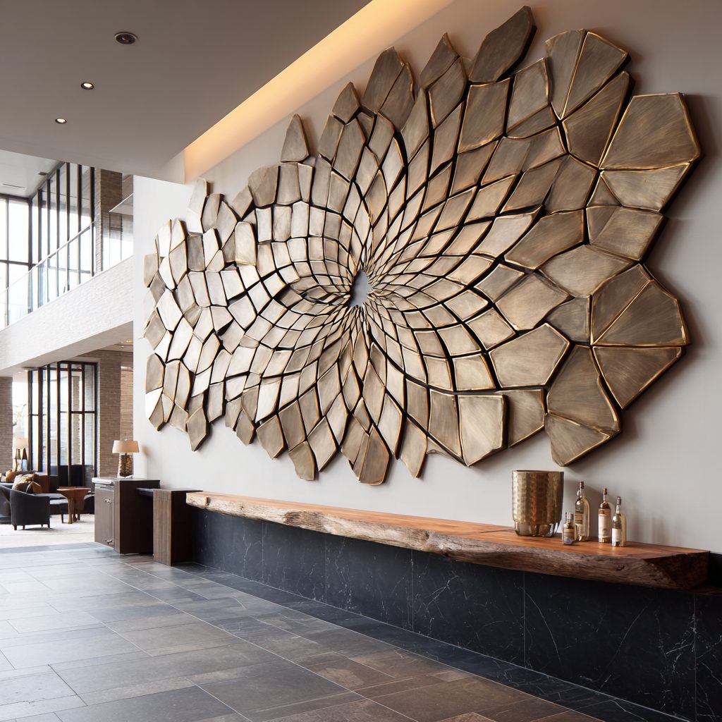 Wimacons large-scale wall art — bronze and wood textural panel installation, foam-core fabrication, exclusive hotel reception