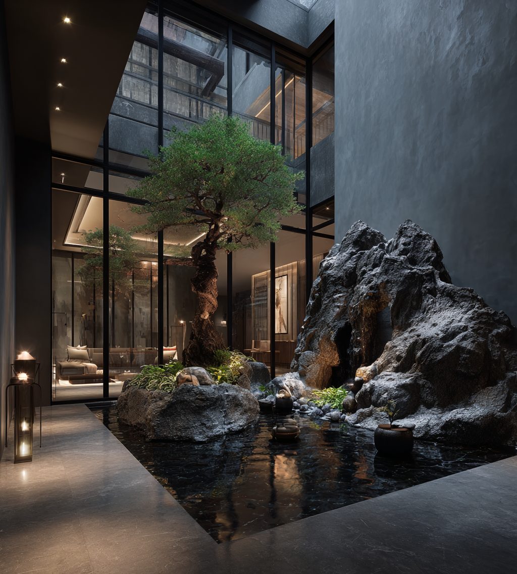 Wimacons hotel courtyard installation — rock landscape with water feature, foam-core stone finish, five-star hotel