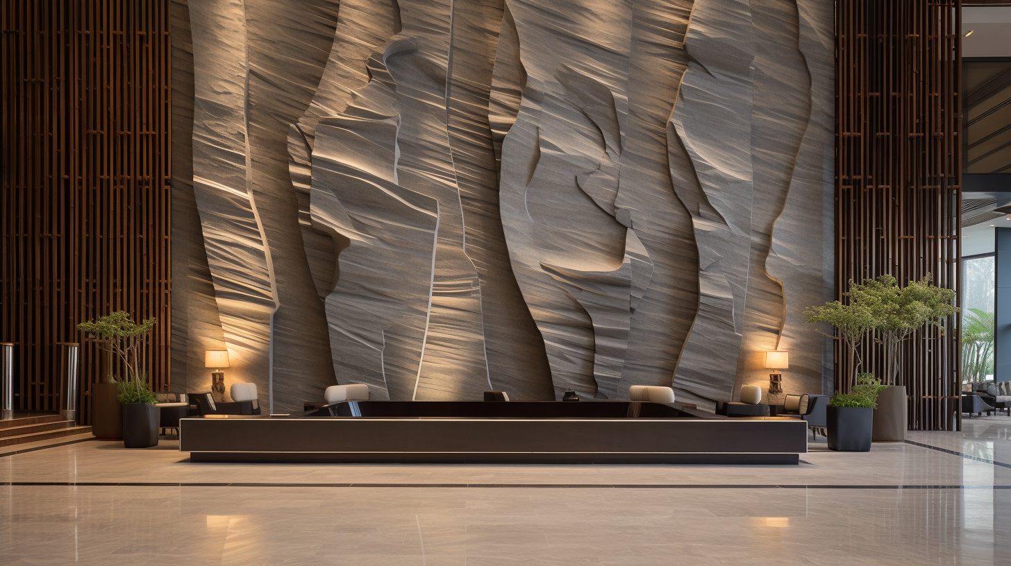 Wimacons reception feature wall — monumental relief installation behind front desk, foam-core fabrication, luxury hotel lobby