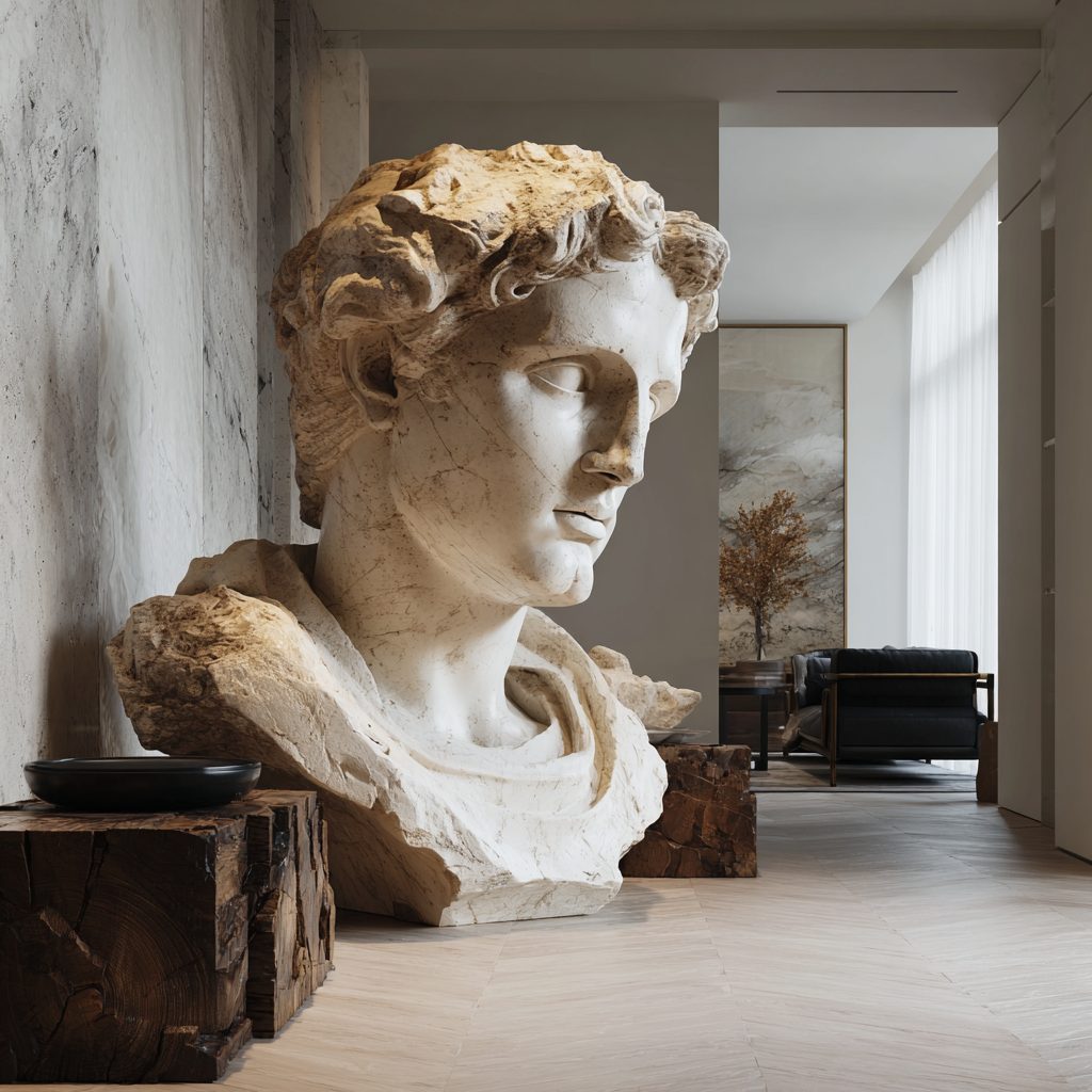 Wimacons classical sculpture in raw modern interior, private estate commission, lightweight foam-core