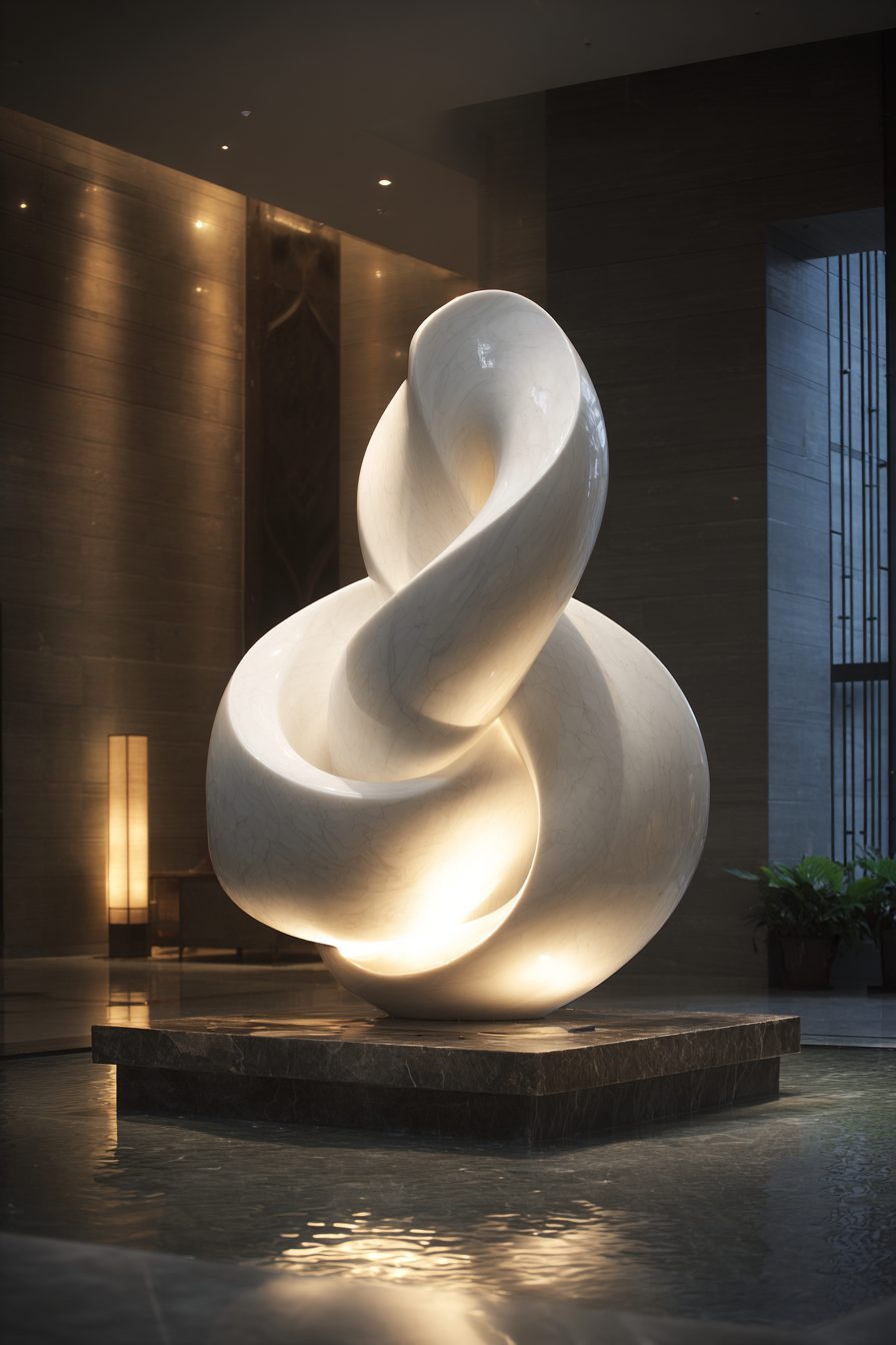 Wimacons marble-finish sculpture, Chinese-inspired modern art piece, private estate commission, lightweight foam-core
