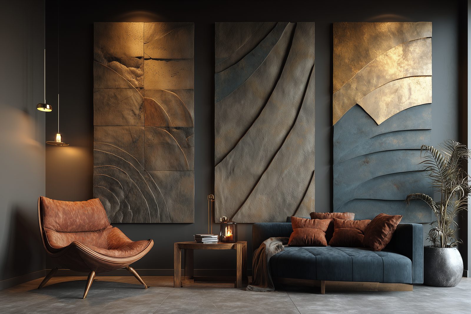Wimacons triptych wall art — set of three panels in modern interior, foam-core coated finish, luxury hotel corridor