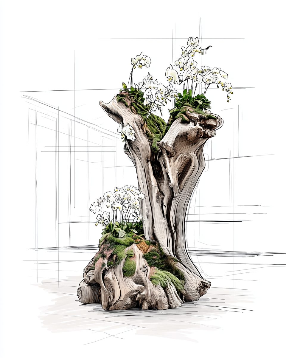 Concept sketch for a driftwood root sculpture with living orchids, Wimacons design process