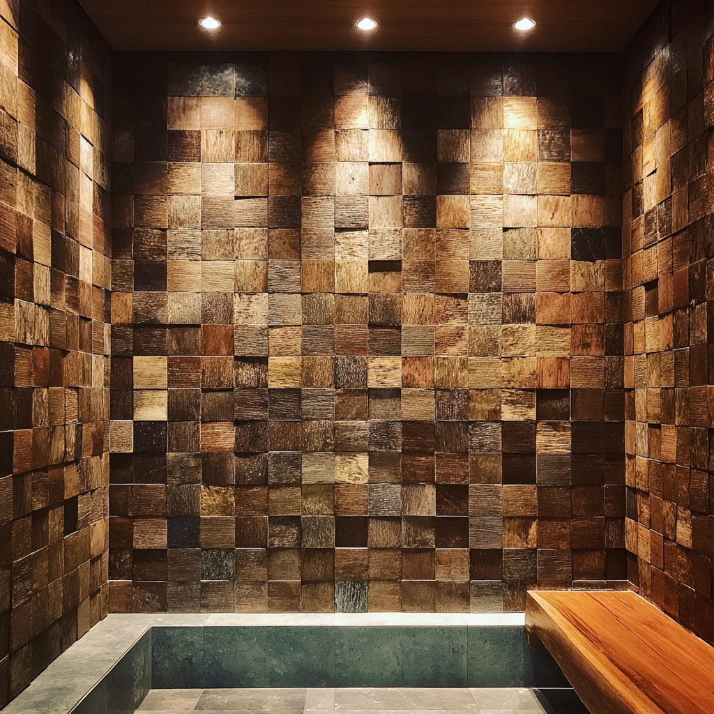 Wimacons spa bathhouse wall — textural wooden block surface treatment, foam-core fabrication, five-star resort spa Belgium