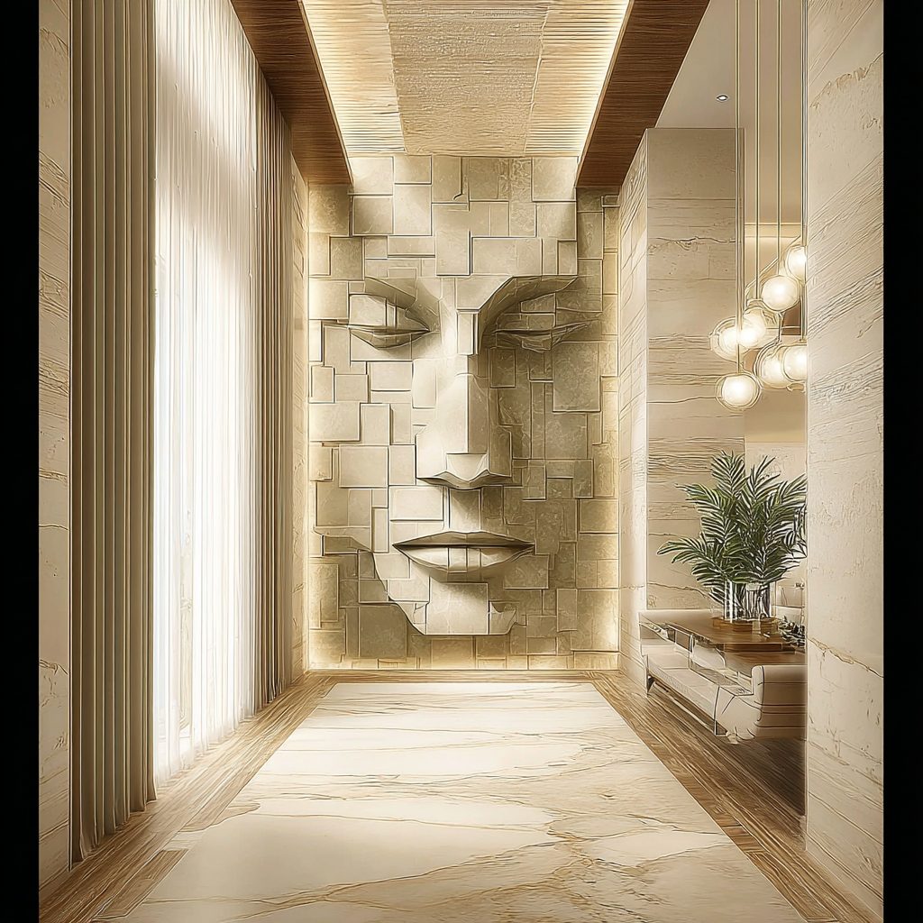 Wimacons carved stone portrait wall v, private estate commission, lightweight foam-core